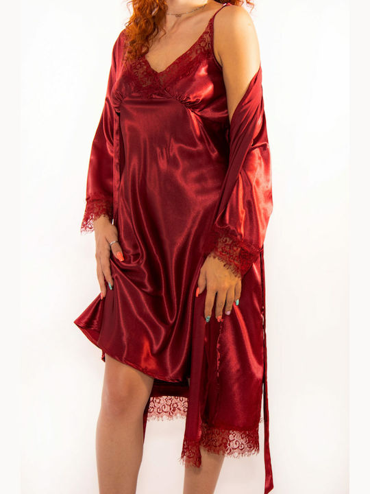 Lydia Creations Winter Women's Satin Robe with Nightdress Burgundy