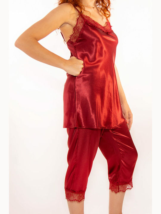 Lydia Creations Winter Women's Pyjama Set Satin Burgundy