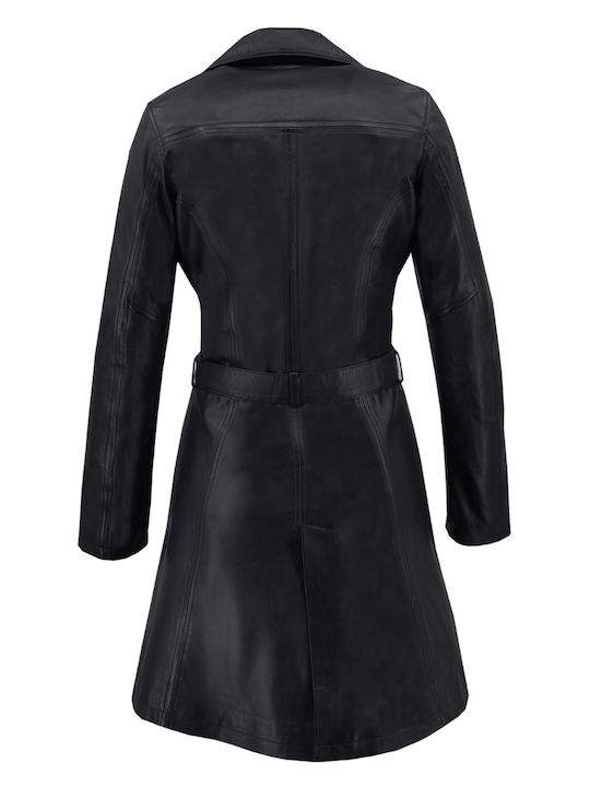 Δερμάτινα 100 Women's Leather Short Half Coat with Buttons Black