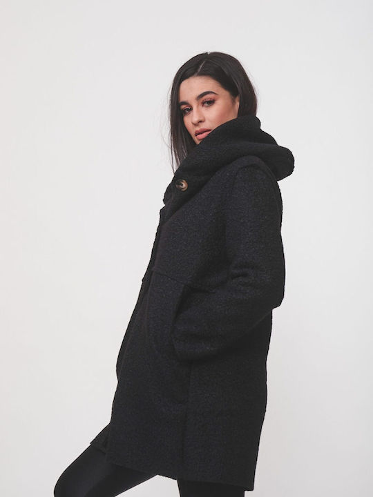 Curly Women's Black Coat with Hood
