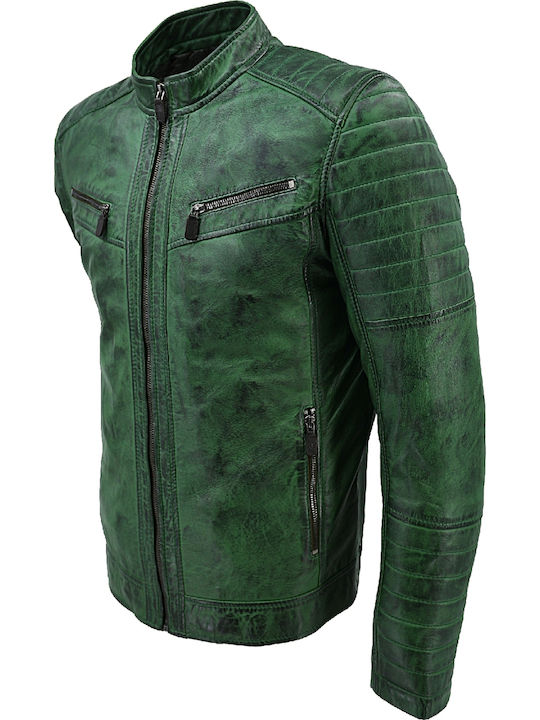 Δερμάτινα 100 Men's Winter Leather Biker Jacket Green