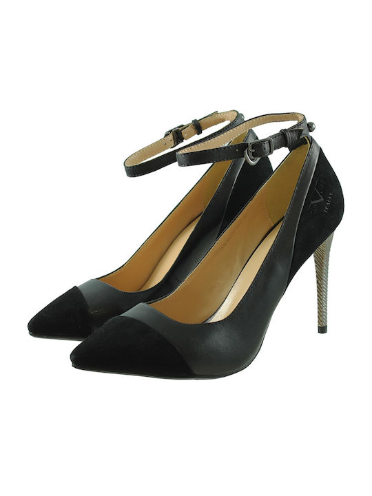 19V69 Leather Pointed Toe Black Heels with Strap