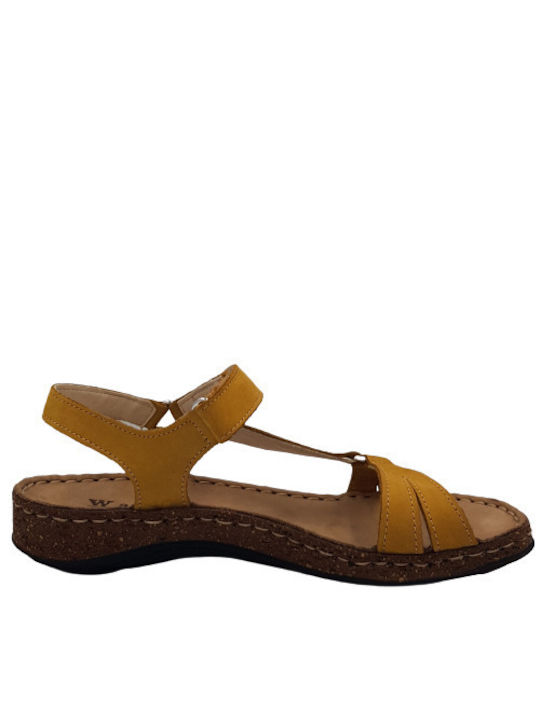 Walk In The City Walk In City Leather Women's Flat Sandals Anatomic with Strap in Yellow Color