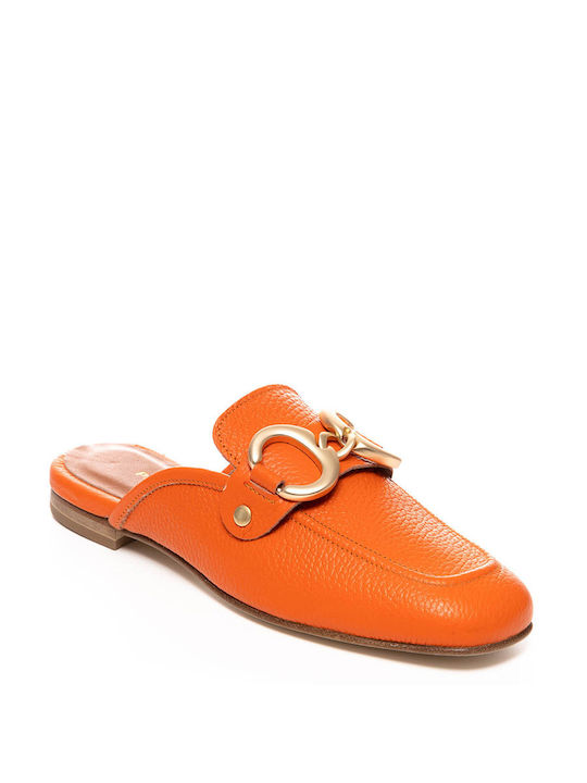 Philippe Lang Leder Mules mit Wohnung Absatz in Orange Farbe