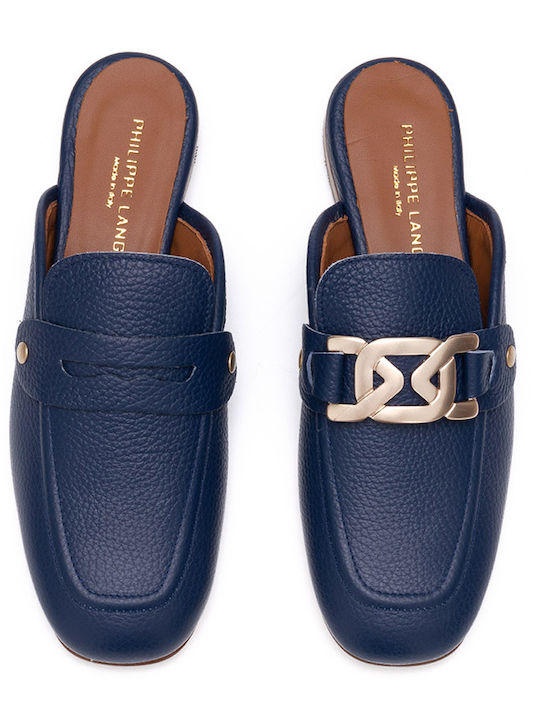 Flach Leder Mules in Blau Farbe