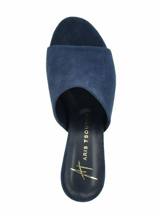 Designer Suede Mules with Chunky Low Heel in Blue Color