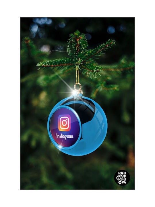 Instagram Ornament de Crăciun Bilă Plastic Albastru cu Pulbere de Aur cu Paiete 8buc