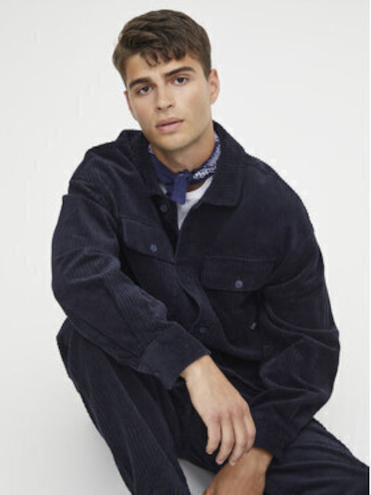 Μακρυμάνικo Κοτλέ Overshirt σε Κανονική Γραμμή Σκούρο Μπλε