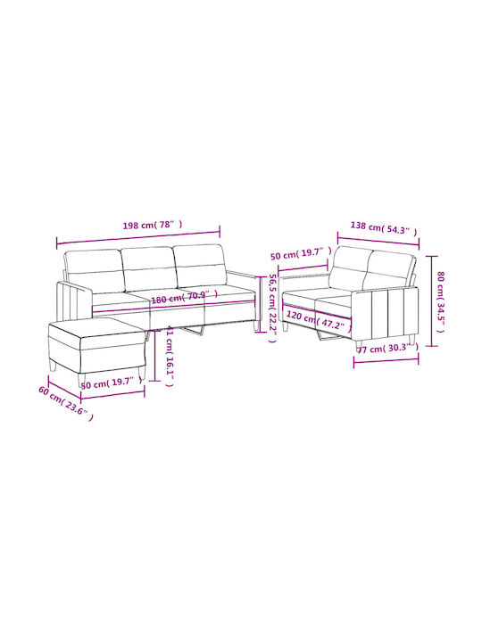 Living Room Furniture Set 3-Seater & 2-Seater & Stool Bordeaux