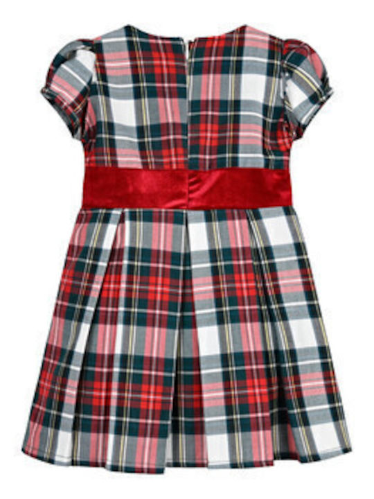 Children's Dress Short Sleeve Velvet Checked Set with Accessories Red