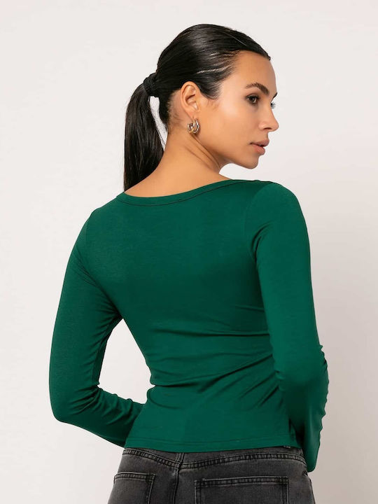 Noobass Damen Bluse Langärmelig mit V-Ausschnitt Green