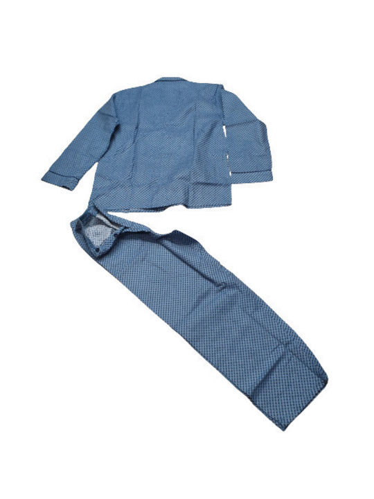 Herren Classic Cotton Flannel Flanell Pyjama Flanell mit Revers, Kragen, Knöpfen und Hose blau-blau mit Muster