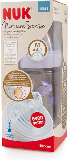 Nuk Glasflasche Nature Sense Rabbits Μωβ Gegen Koliken mit Silikonsauger für 6-18 Monate Purple Kaninchen 240ml