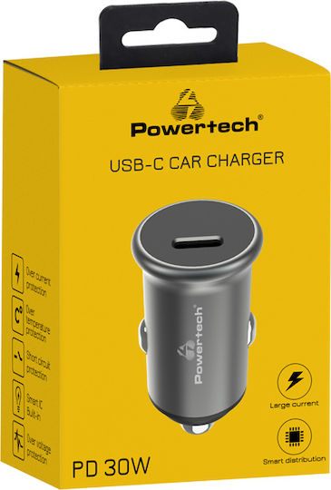 Powertech Auto-Ladegerät 30W Schnellladung mit Anschlüssen: 1xUSB 1xType-C Gray Farbe