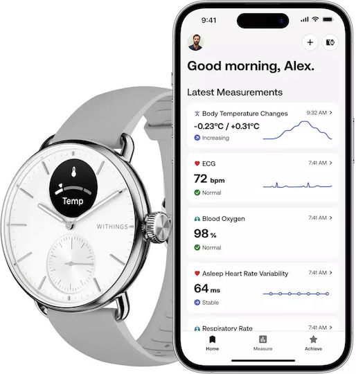 Withings ScanWatch 2 Stainless Steel 38mm Waterproof with Heart Rate Monitor (Pearl White)
