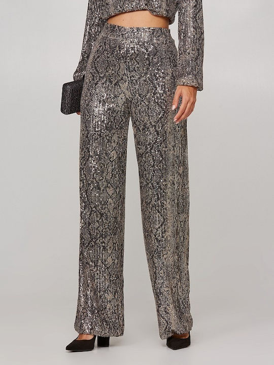 Damen Hoch tailliert Stoff Hose mit Gummizug Schwarz mit Pailletten