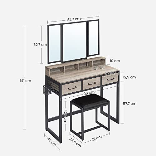 Bodenstehende Schminktisch aus Holz & Metall Braune mit Spiegel & Hocker 90x40x141cm