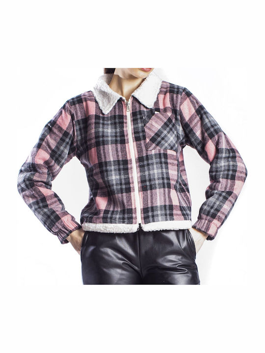 Women's Short Puffer Jacket Double Sided for Winter Pink