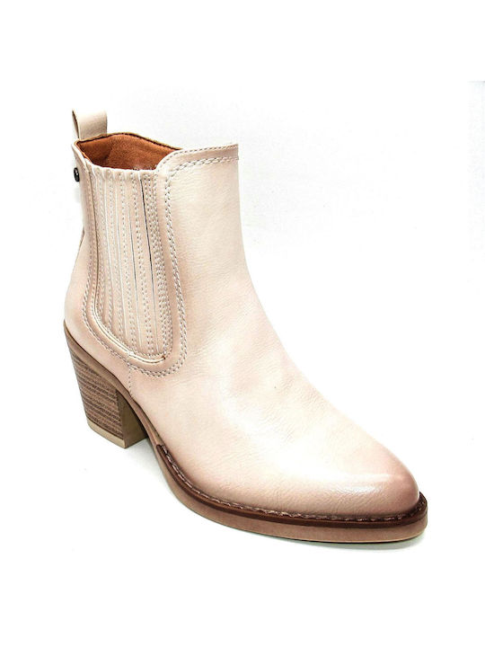 Via Dos Leather Women's Ankle Boots with Medium Heel Beige