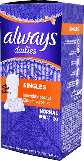 Always Dailies Singles Normal Daily Liners for Normal Flow 2 Drop 20pcs Individual Pocket