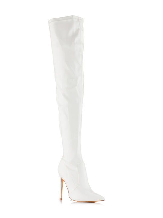 Diamantique Leather Women's Boots with Zipper White