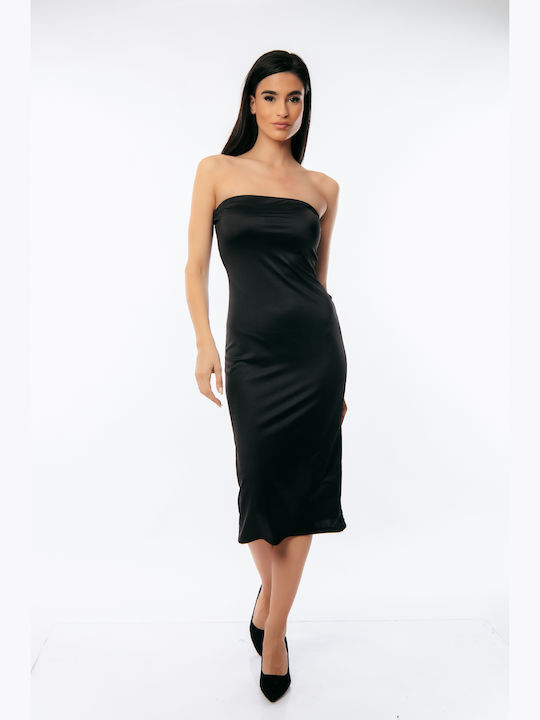 Summer Midi Evening Strapless Satin Black Dress