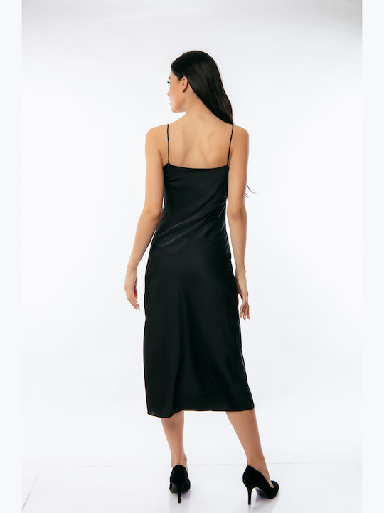 Summer Midi Evening Satin Drape Dress with Tearing Black