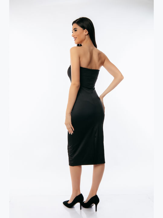 Summer Midi Evening Strapless Satin Black Dress