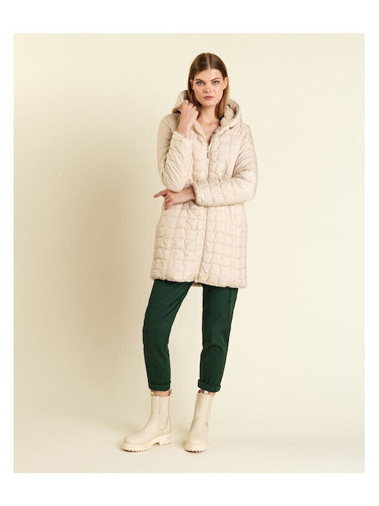 Women's Short Puffer Jacket Double Sided for Winter with Hood Beige