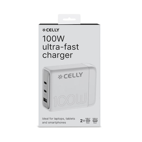Celly GaN Handyladegerät mit USB-A Ausgangsanschluss und 2 USB-C Ausgangsanschlüssen 100W in Weiß