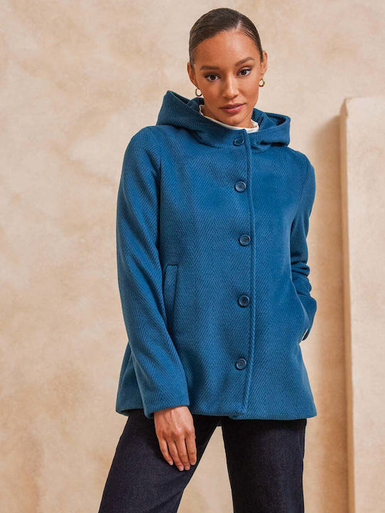 Women's Short Half Coat with Buttons and Hood petrol