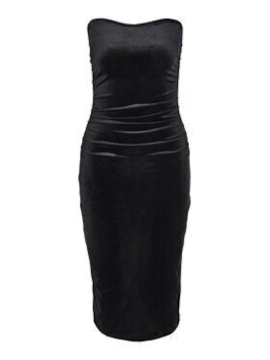 Midi Abendkleid Trägerlos Samt Schwarz