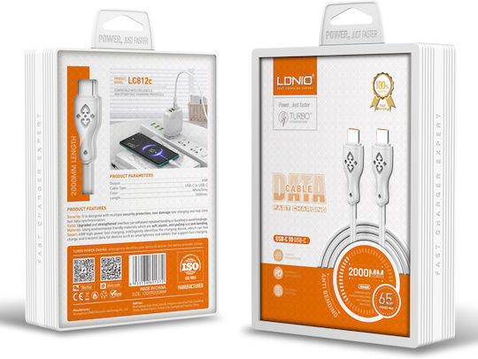 Ldnio USB 2.0 Cable USB-C male - USB-C 65W PD Λευκό 2m LC812
