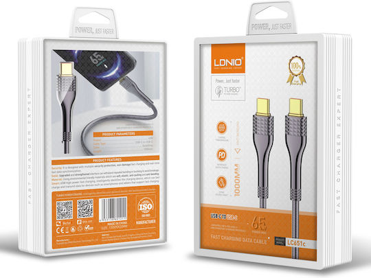 Ldnio USB 2.0 Cable USB-C male - USB-C 65W PD Γκρι 1m LC651