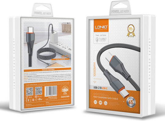 Ldnio LC631 Braided USB 2.0 Cable USB-C male - USB-C 65W PD Γκρι 1m