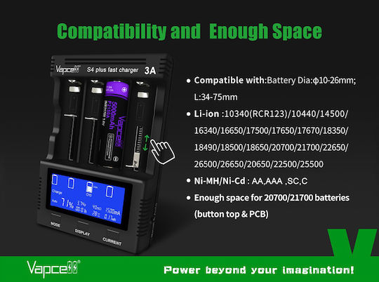 Vapcell S4 Plus V3.0 Charger 4 Batteries Li-ion/Ni-Cd/Ni-MH Size