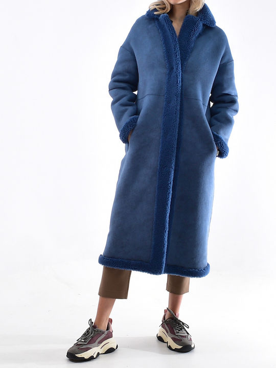 Studio Ar Women's Wool Long Coat with Buttons Blue