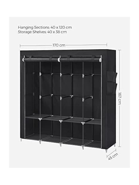 Songmics Fabric Wardrobe with Zipper and Shelves in Black Color 170x45x167cm