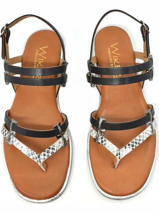 Leather Women's Flat Sandals in Black Color