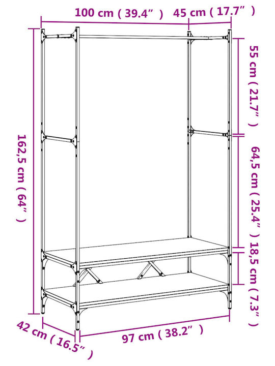 vidaXL Cuier de podea din Lemn Neagră 100x45x162.5cm
