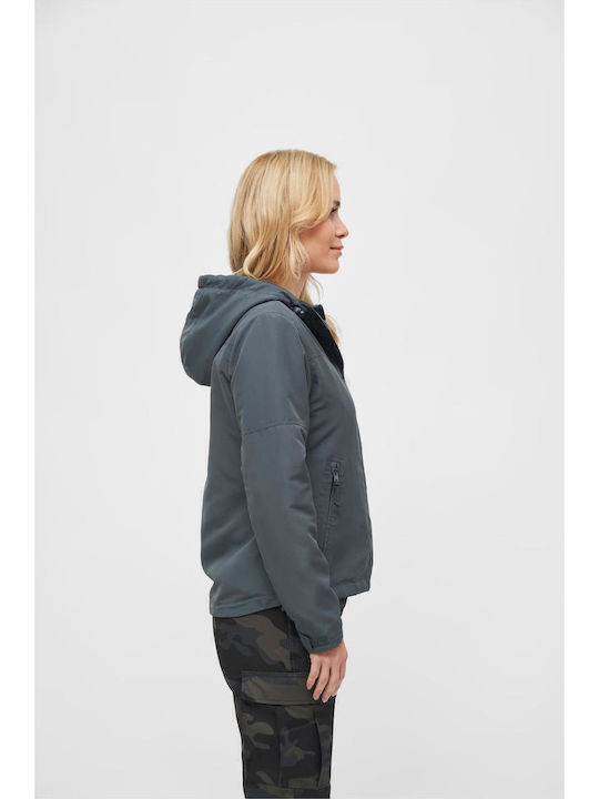 Women's Short Puffer Jacket Windproof for Winter Anthracite