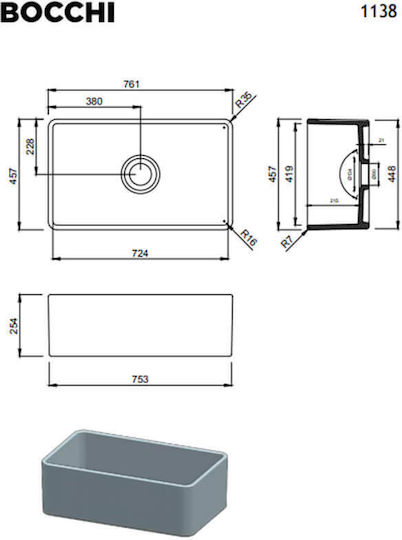 Bocchi 1138 Ένθετος Νεροχύτης Πορσελάνινος Μ76xΠ46cm Μαύρος