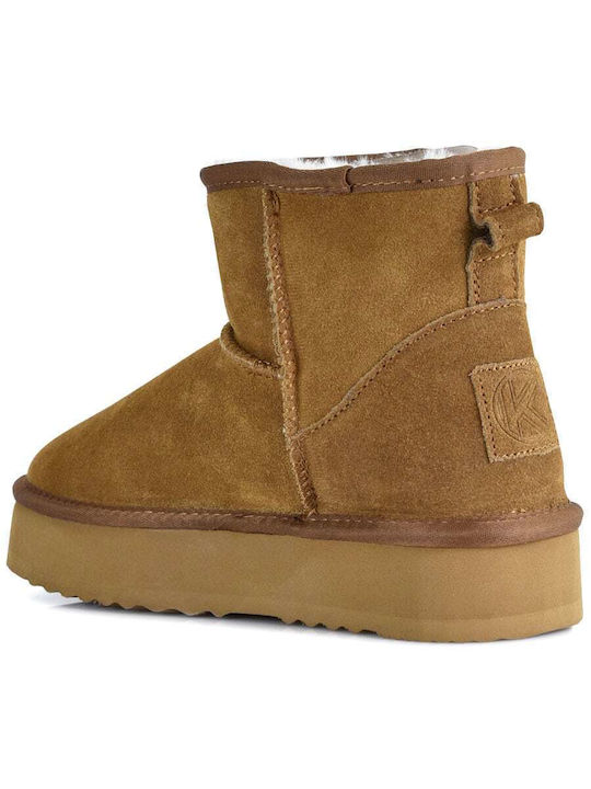 Leather Women's Ankle Boots with Fur Tabac Brown