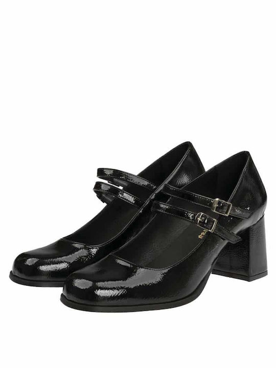 Stefania Synthetic Leather Black Medium Heels with Strap