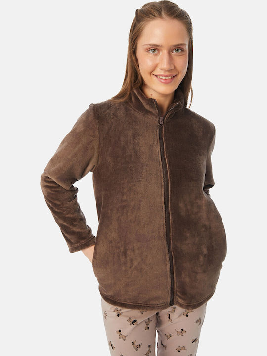 Minerva Winter Women's Fleece Pyjama Jacket Brown