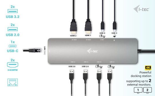 i-tec USB-C Metal Nano USB-C Docking Station με HDMI 4K PD Ethernet και σύνδεση 2 Οθονών Γκρι