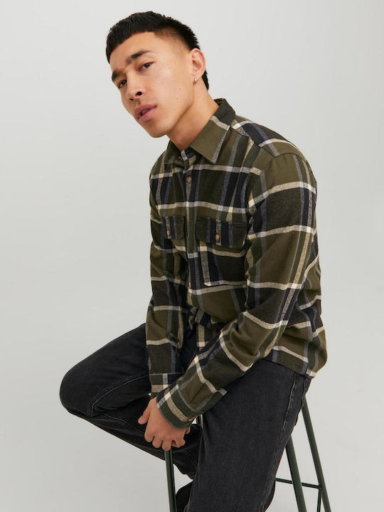 Jack & Jones Cămașă Bărbătească Supraîmbrăcăminte Cu mânecă lungă Flanel Verificat Noaptea pădurii