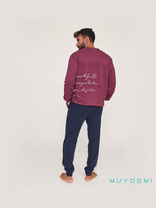 Muydemi Men's Winter Cotton Pajamas Set Cotton Bordeaux/Blue