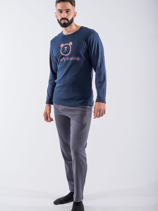 Cherry Underwear Men's Winter Pajamas Set Blue Grey