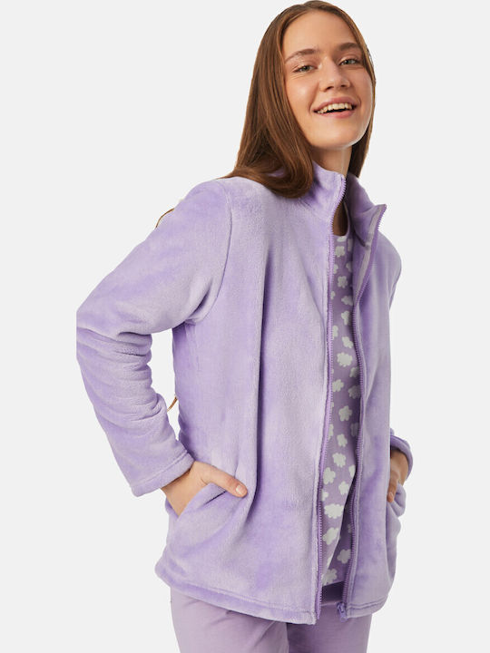 Minerva Χειμερινή Γυναικεία Fleece Ζακέτα Πιτζάμας Μωβ